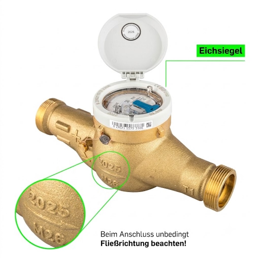 Zenner Hauswasserzähler Eichung 2026 Baulänge 260 mm, Q3 = 10 (DN32) Gewinde 11/2 Zoll AG