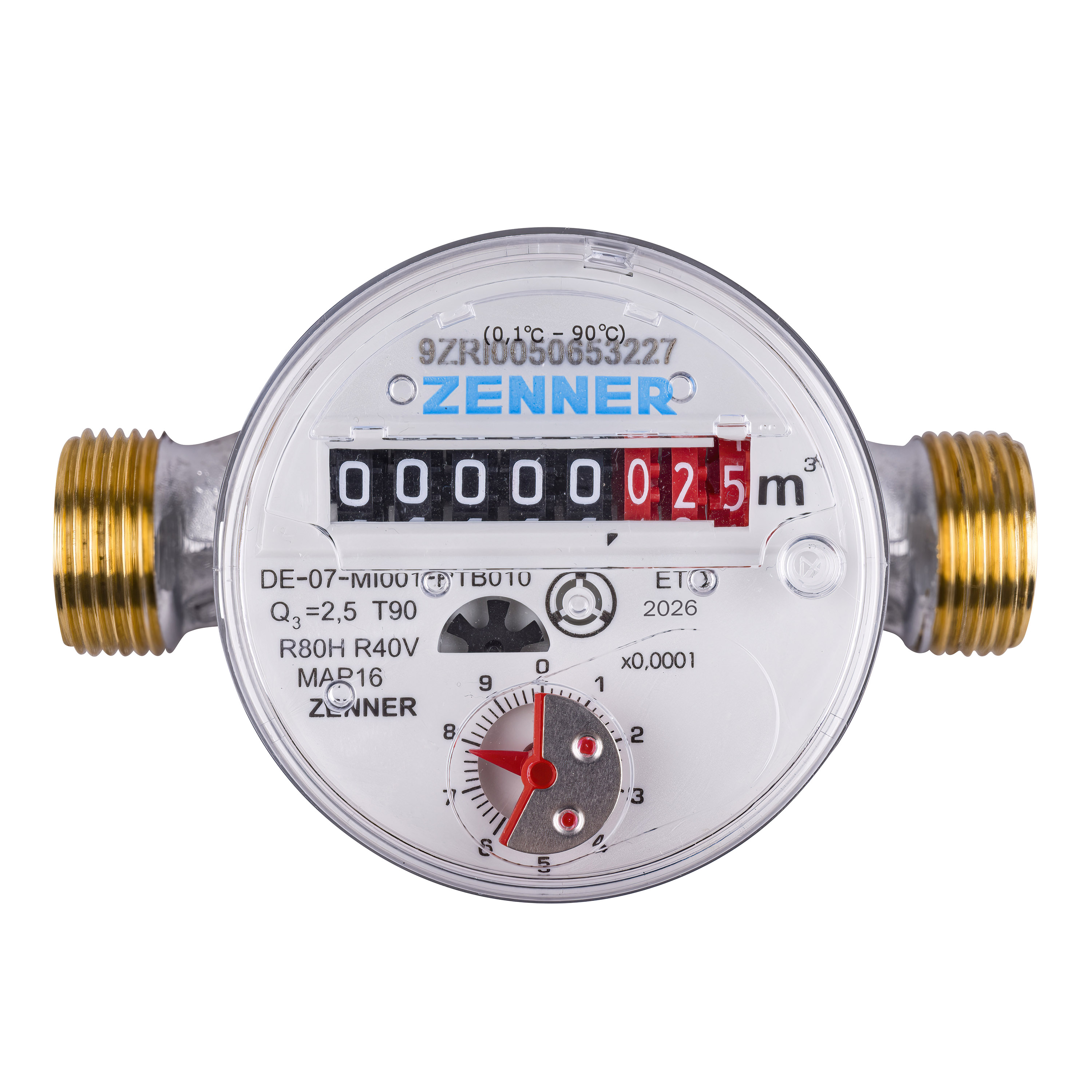 Wasserzähler von Zenner Q3 = 2,5 Kalt + Warmwasser,   BL 110 mm 3/4 Zoll Anschluss / Eichung 2026