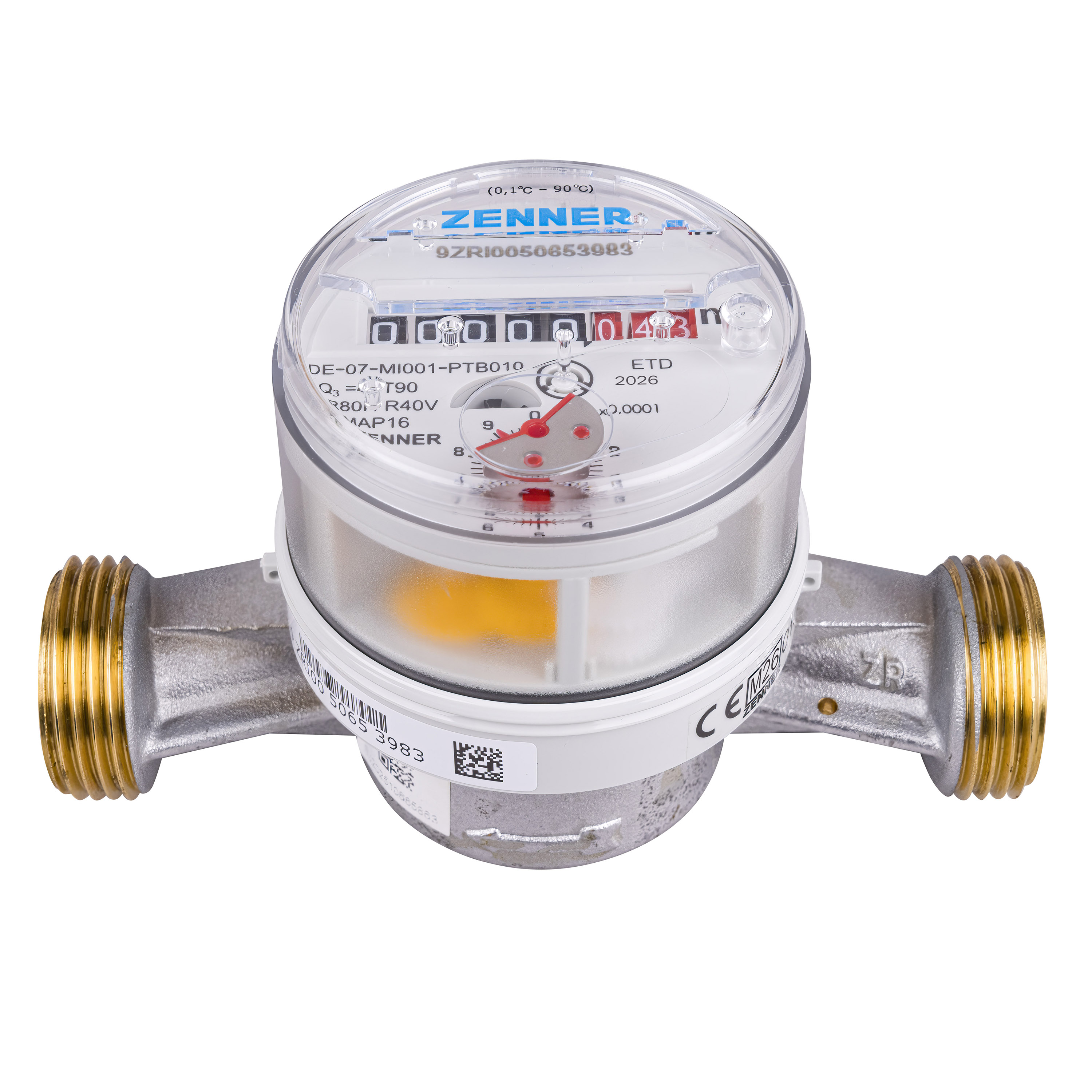 Wasserzähler von Zenner Q3 = 4 Kalt + Warmwasser,   BL 130 mm 1 Zoll Anschluss / Eichung 2026