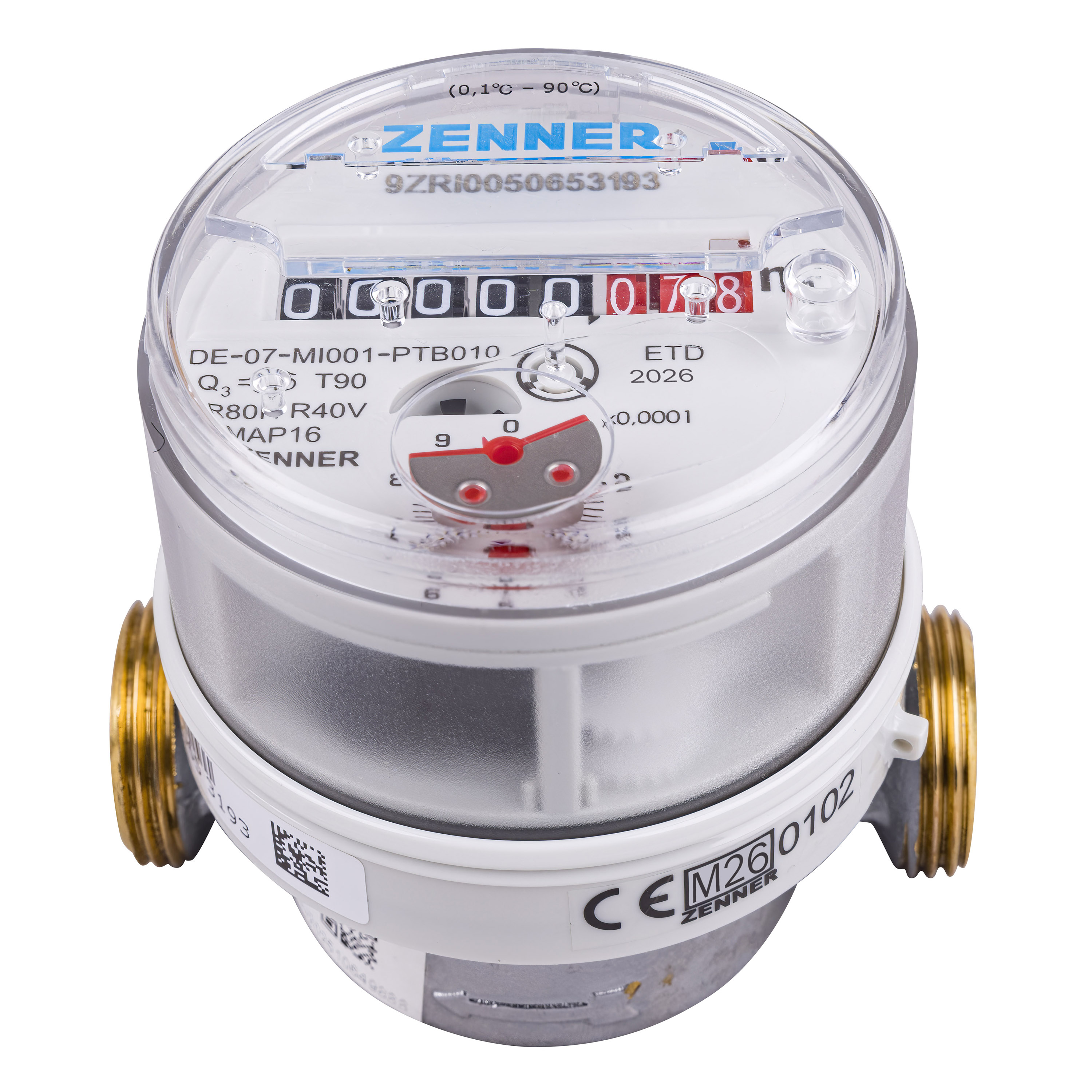 Wasserzähler von Zenner Q3 = 2,5 Kalt + Warmwasser,   BL 80 mm 3/4 Zoll Anschluss / Eichung 2026