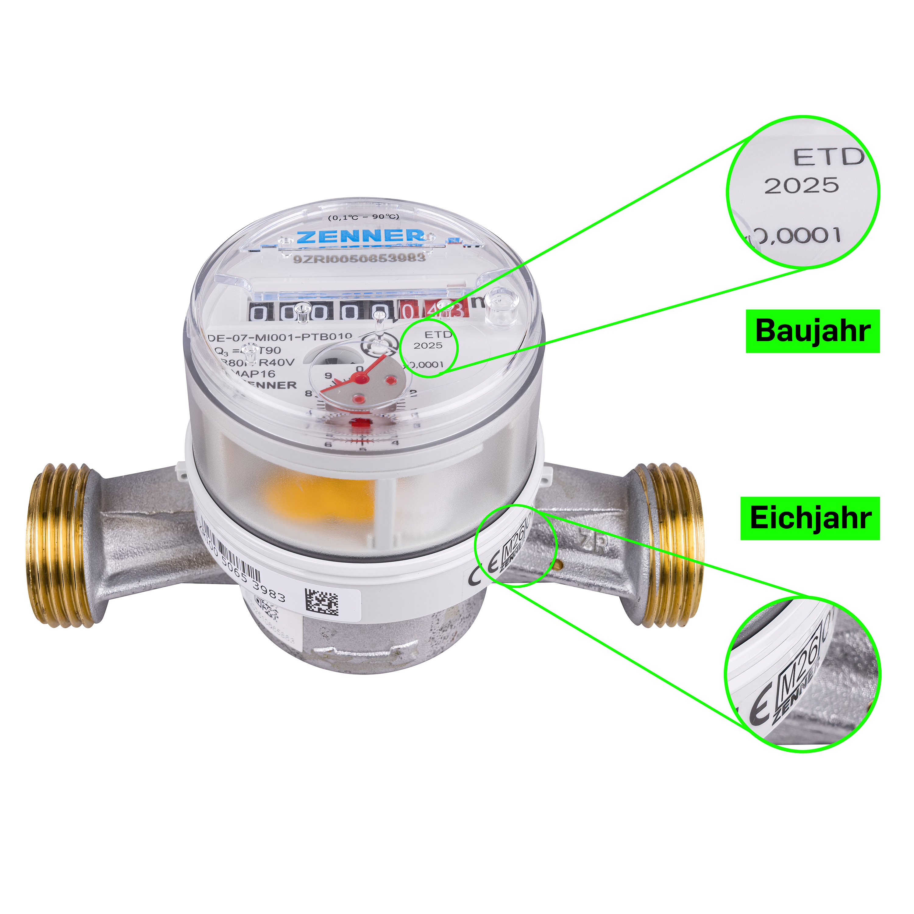Wasserzähler von Zenner Q3 = 4 Kalt + Warmwasser,   BL 130 mm 1 Zoll Anschluss / Eichung 2026