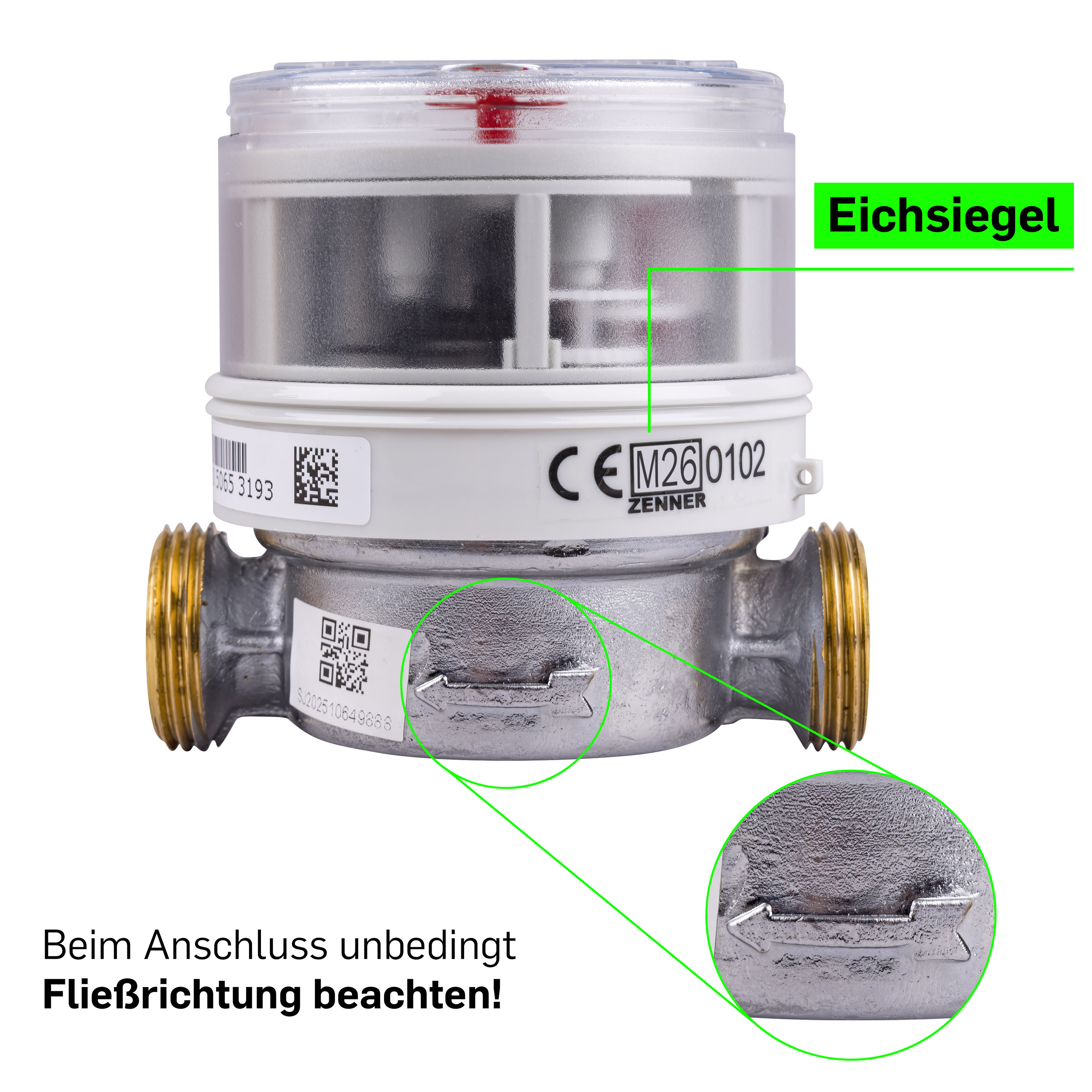 Wasserzähler von Zenner Q3 = 2,5 Kalt + Warmwasser,   BL 80 mm 3/4 Zoll Anschluss / Eichung 2026