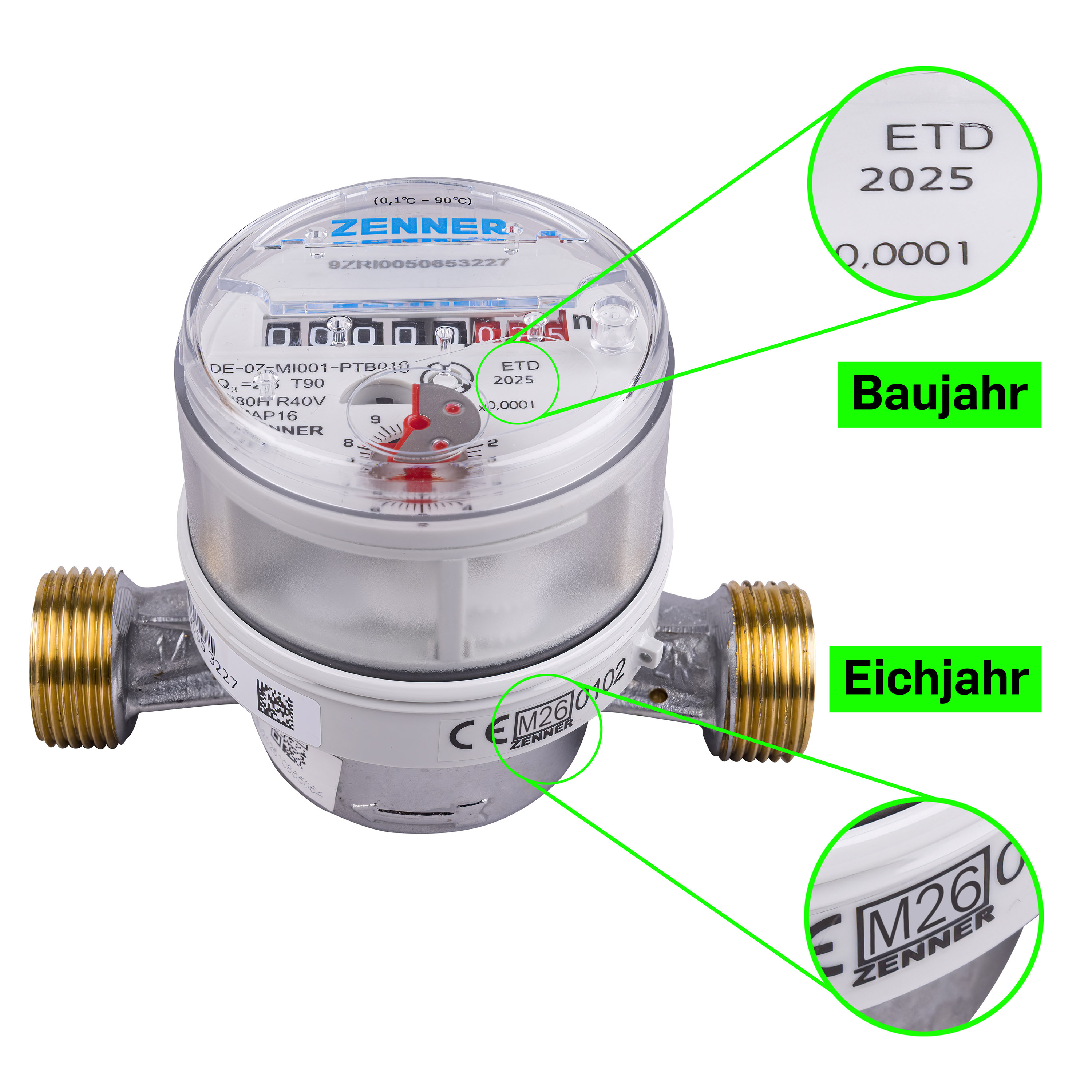 Wasserzähler von Zenner Q3 = 2,5 Kalt + Warmwasser,   BL 110 mm 3/4 Zoll Anschluss / Eichung 2026